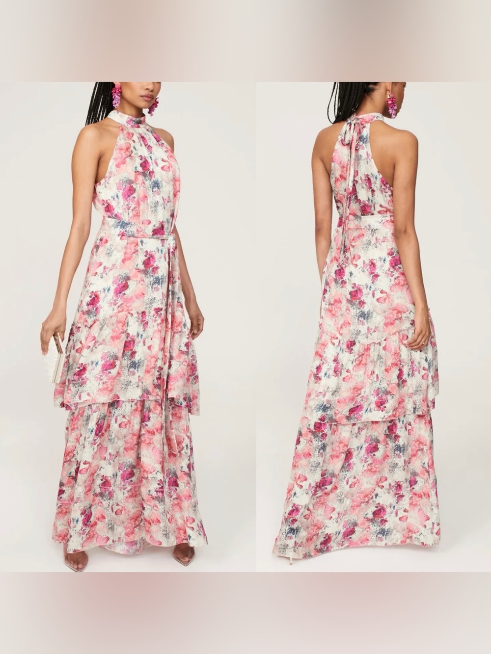 Marchesa Notte Abstract Rose Halter Tiered Gown in Pink & White-8-EC